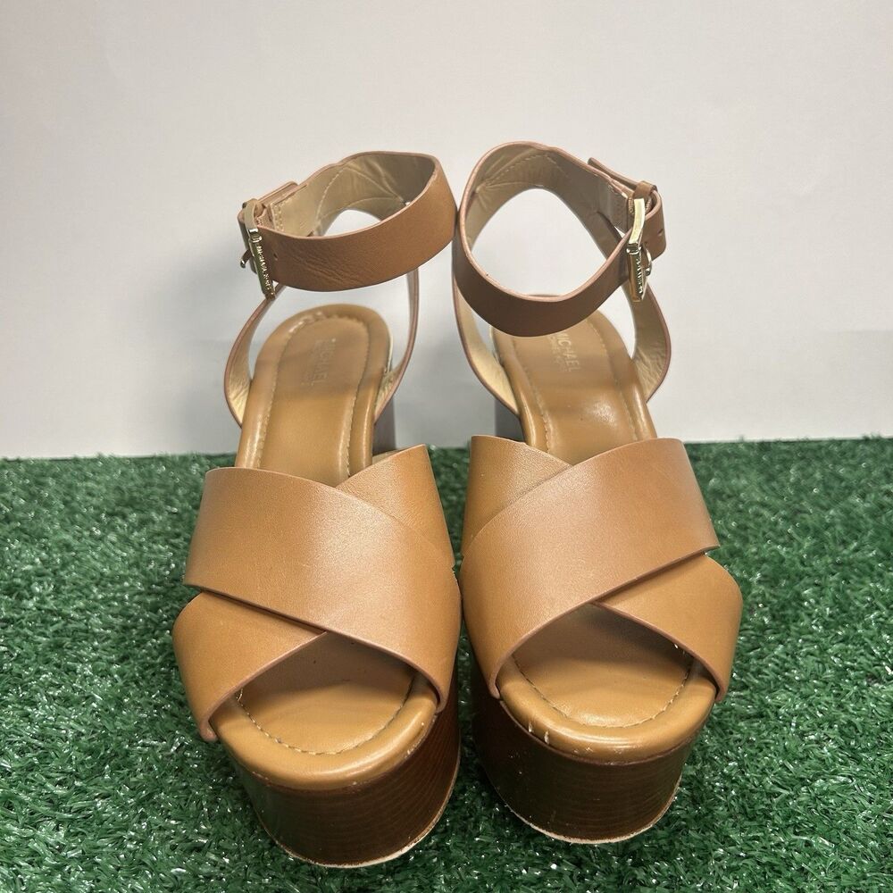 MICHAEL Michael Kors Tan Leather Platform Wedge Sandals Ankle Strap Women’s 7M